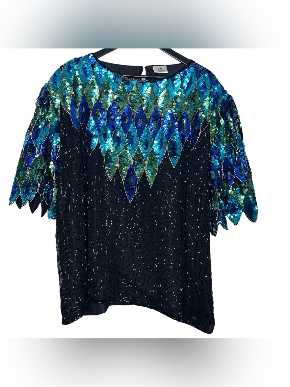 Vintage Peacock Sequin Beaded Blouse Black Blue Green Art Deco Party Top Size 5X